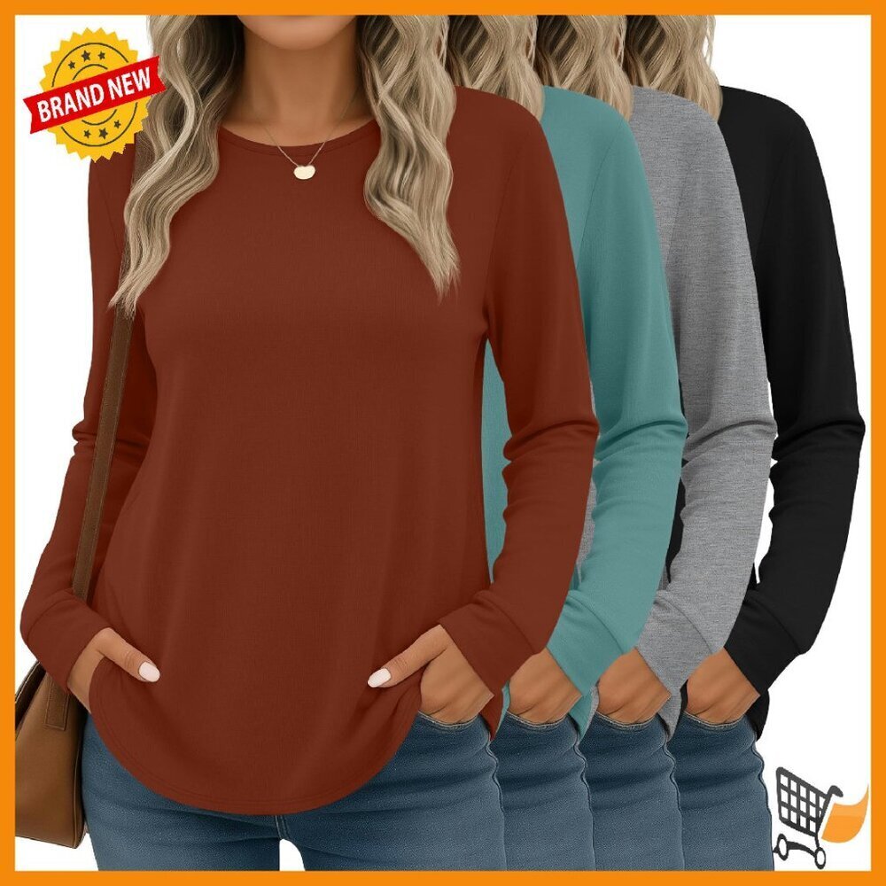 4 Pack Women's Long Sleeve Tunic Tops Loose Fit Crew Neck Casual
